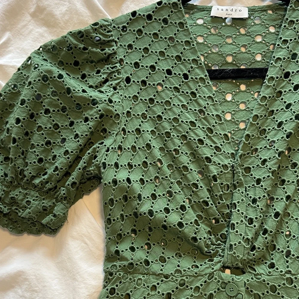 Sandro Olive Green Eyelet Midi Dress - Picture 3 of 7